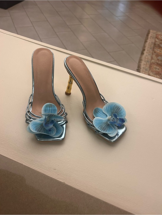 Shoes - Blue Floral Slip-On Heeled Mules with Decorative Orchid Accent 39/8-8.5